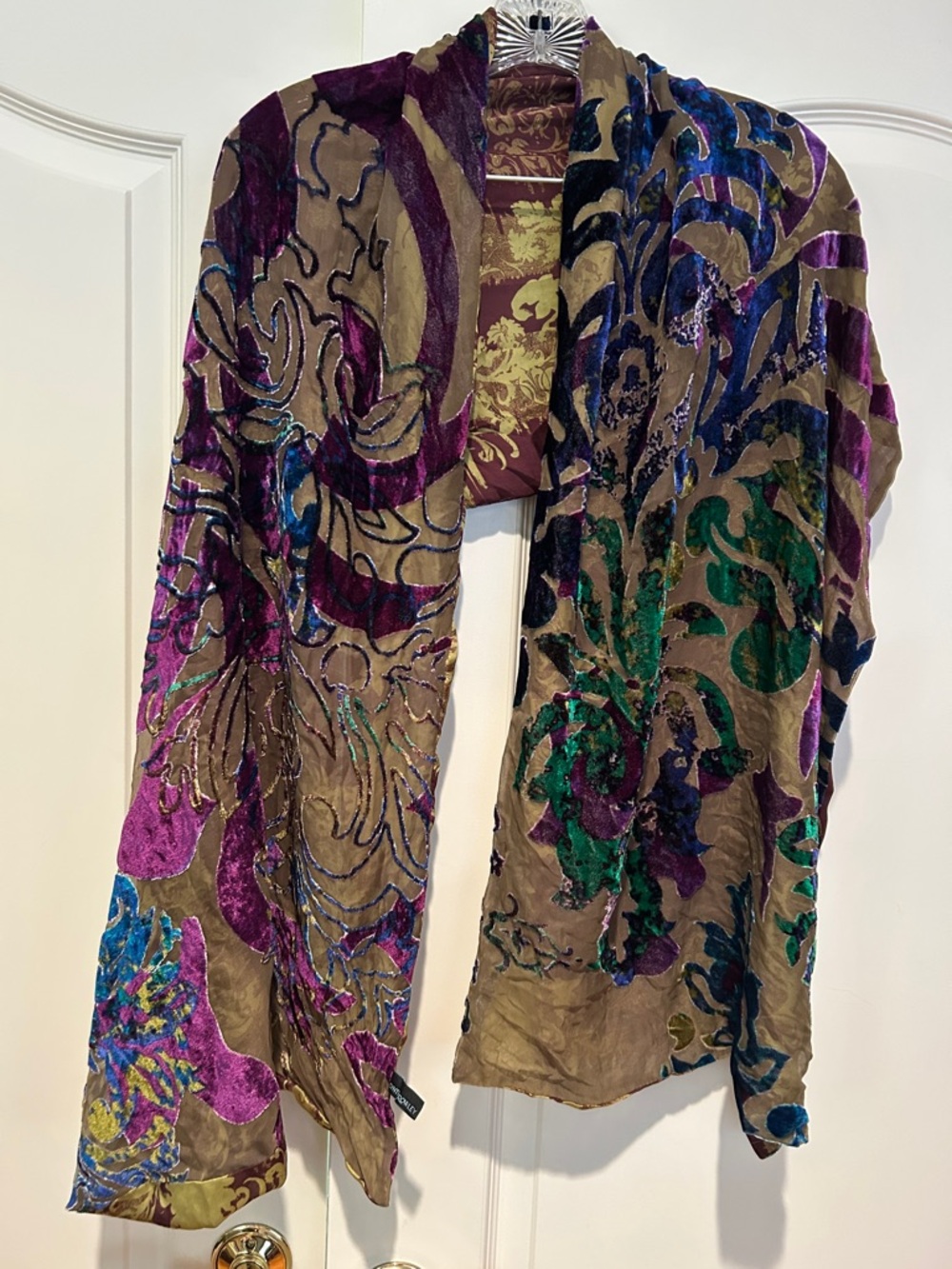 Velvet and silk Burnout Floral Shawl Scarf in Purple, Blue & Green